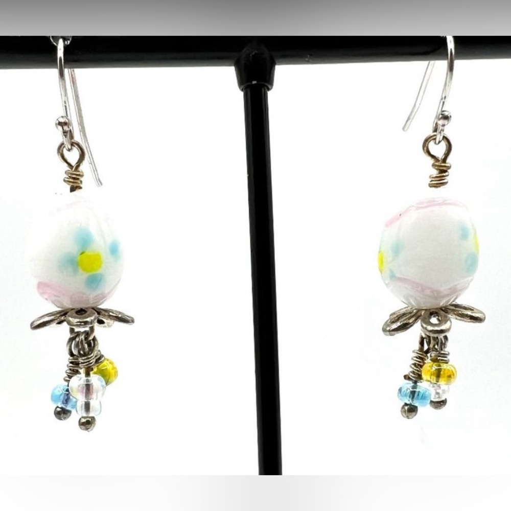 Earrings Easter Eggs pastel porcelain floral pierced. White, pink, blue, yellow